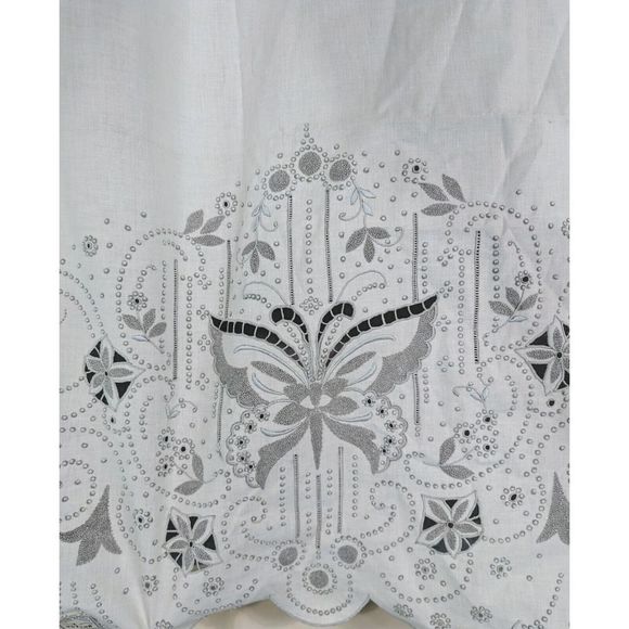 Vintage Handmade Embroidered Bed Coverlet White Linen Silver Butterfly NWT - Picture 2 of 9